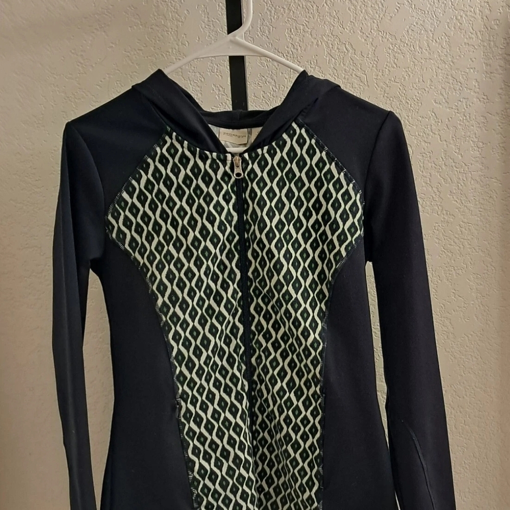 Zynergy By Chico's Blue and Green Patterned Long Sleeve Zip Hoodie Size 0 Small